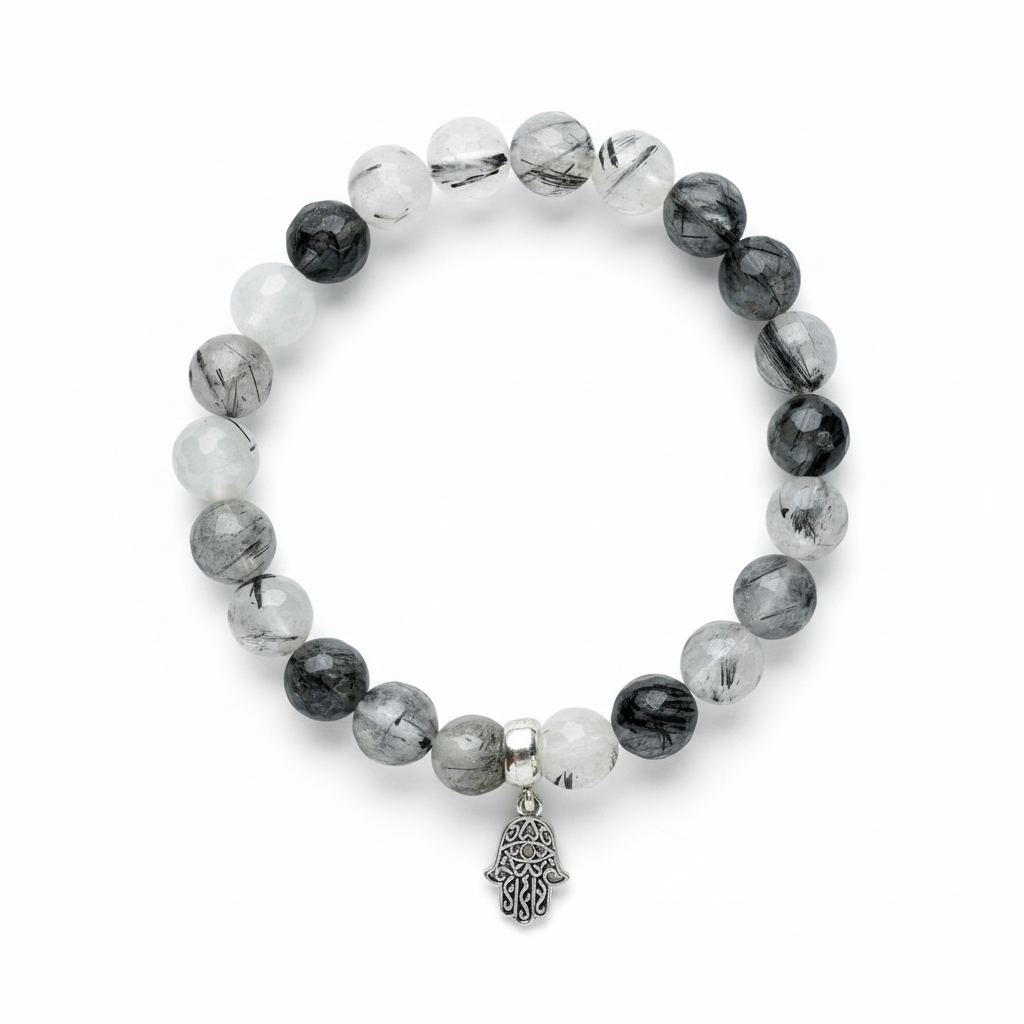 Tourmalinated Quartz Bracelet with Hamsa Charm