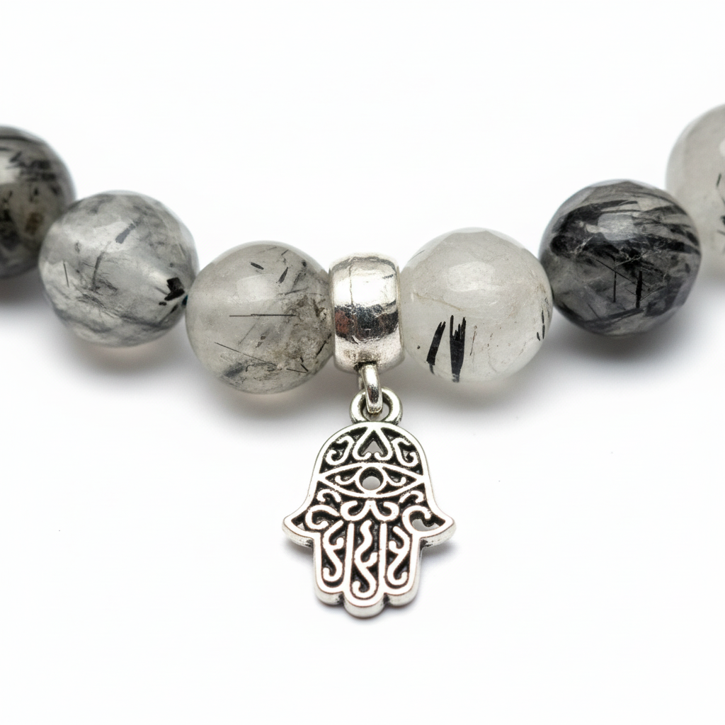 Tourmalinated Quartz Bracelet with Hamsa Charm