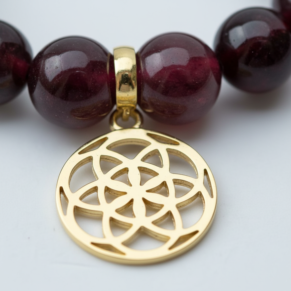 Garnet Bracelet with Seed of Life Charm