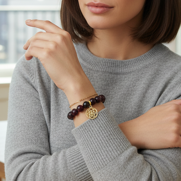 Garnet Bracelet with Seed of Life Charm