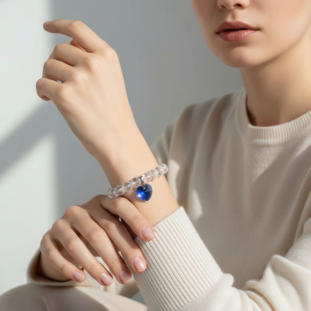 Clear Quartz Bracelet with Blue Heart Swarovski Charm