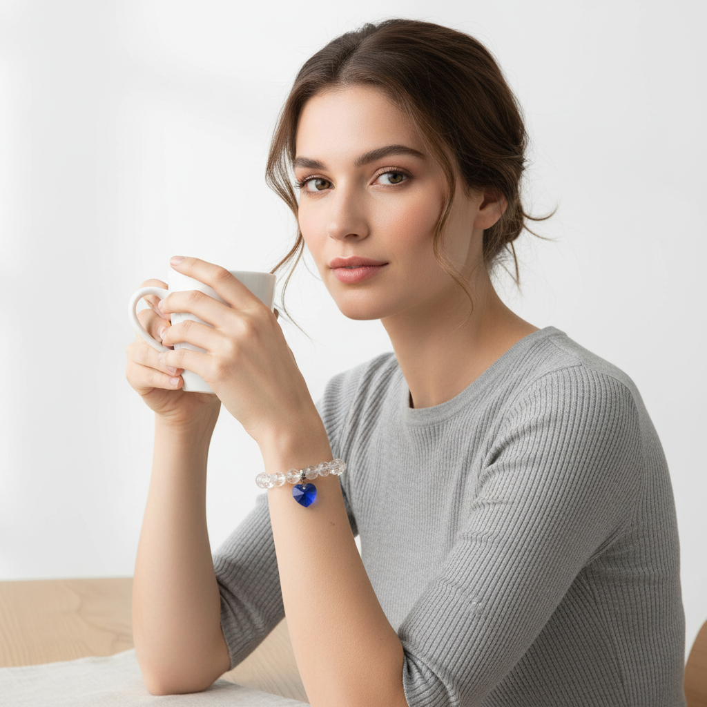 Clear Quartz Bracelet with Blue Heart Swarovski Charm