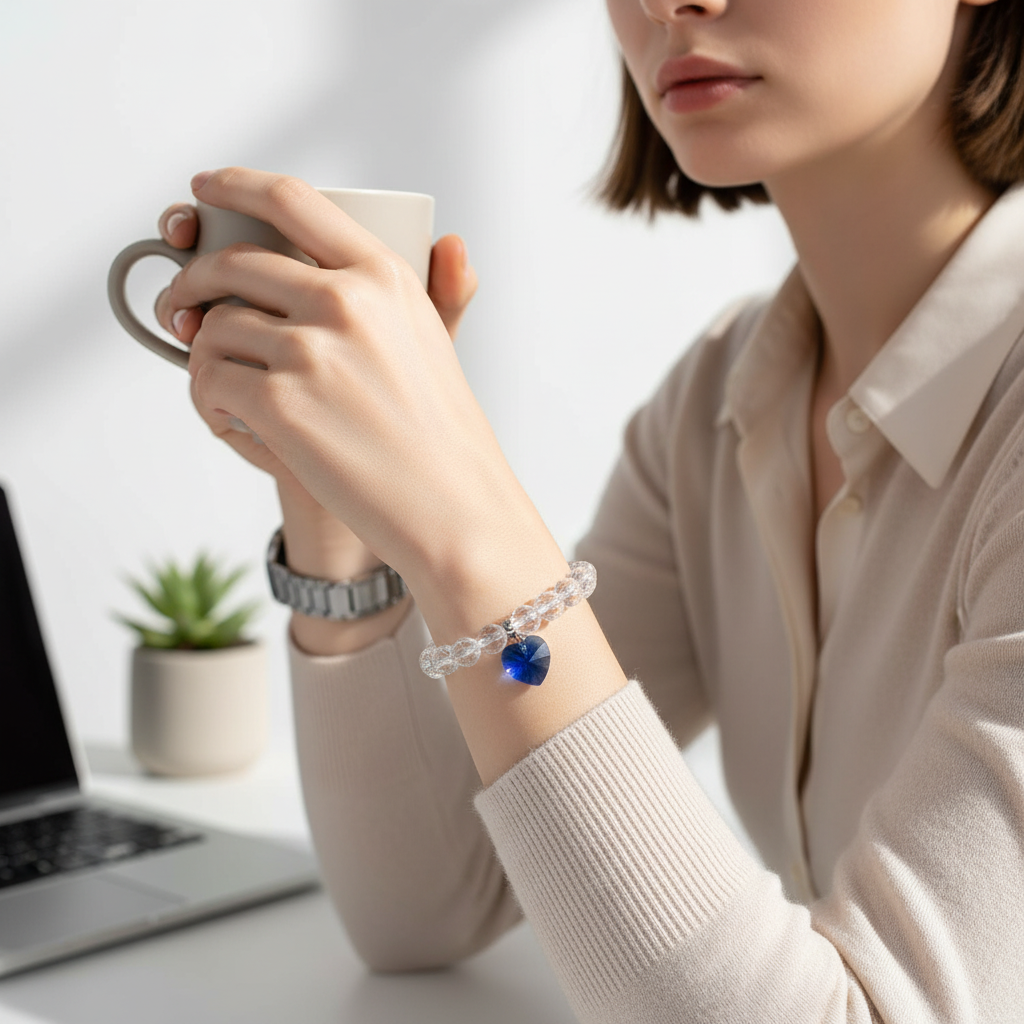 Clear Quartz Bracelet with Blue Heart Swarovski Charm
