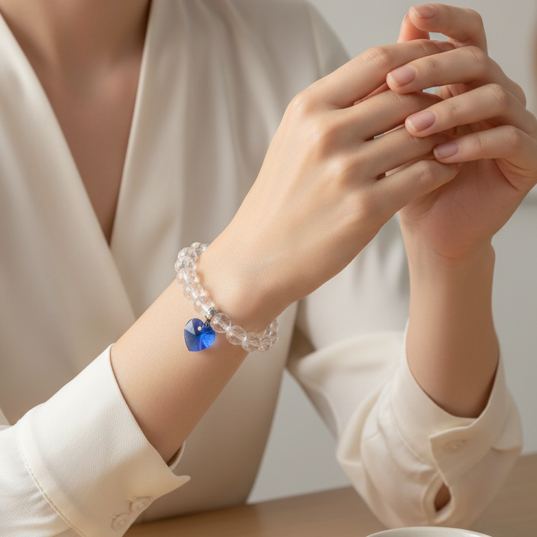 Clear Quartz Bracelet with Blue Heart Swarovski Charm