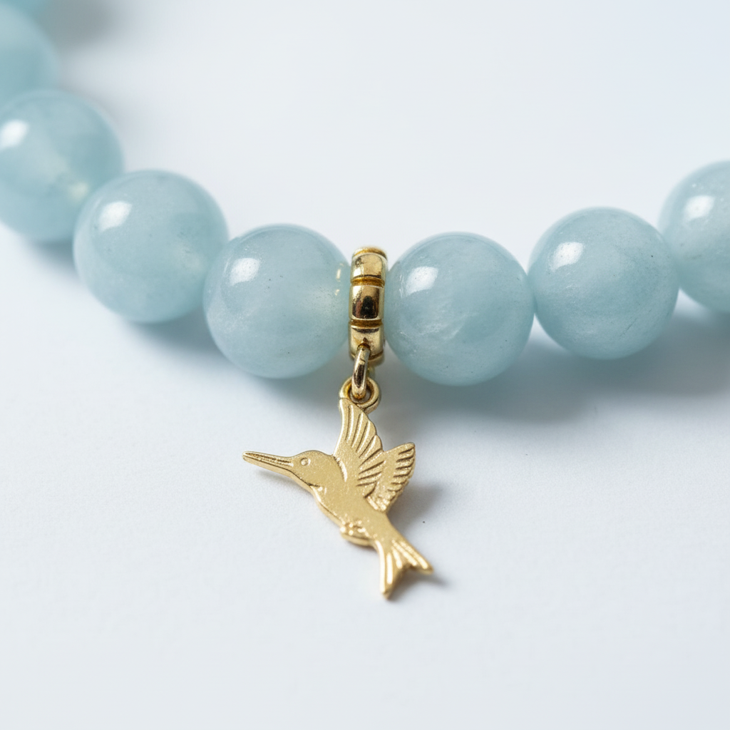 Aquamarine Manifestation Bracelet with Gold Hummingbird Charm