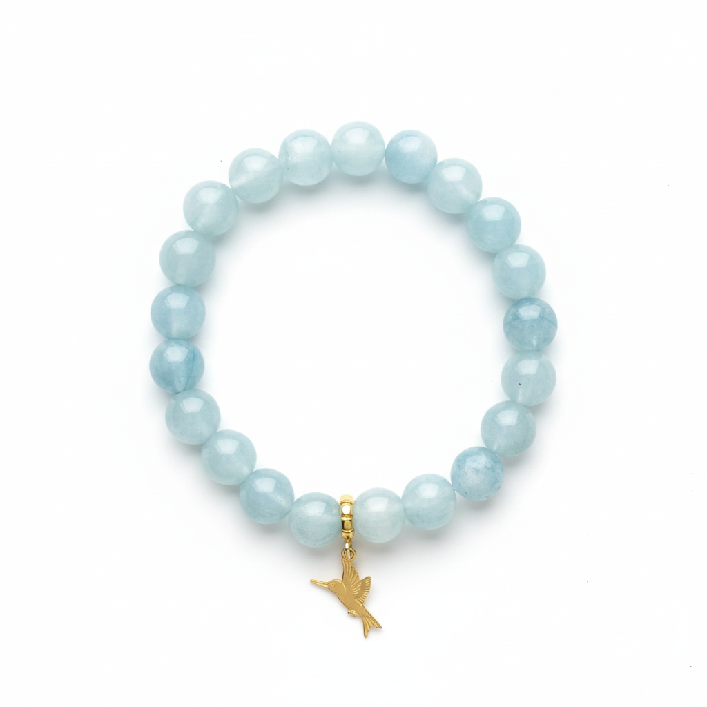 Aquamarine Manifestation Bracelet with Gold Hummingbird Charm