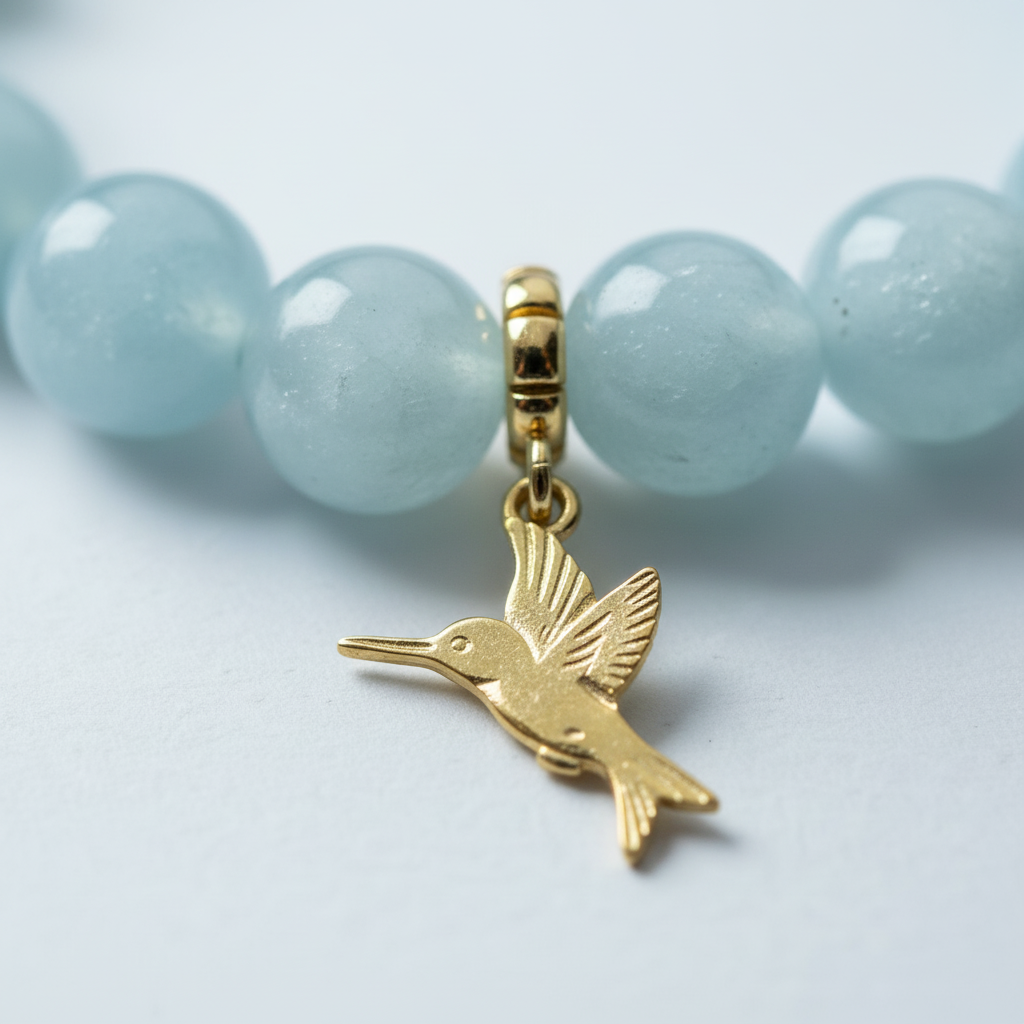 Aquamarine Manifestation Bracelet with Gold Hummingbird Charm