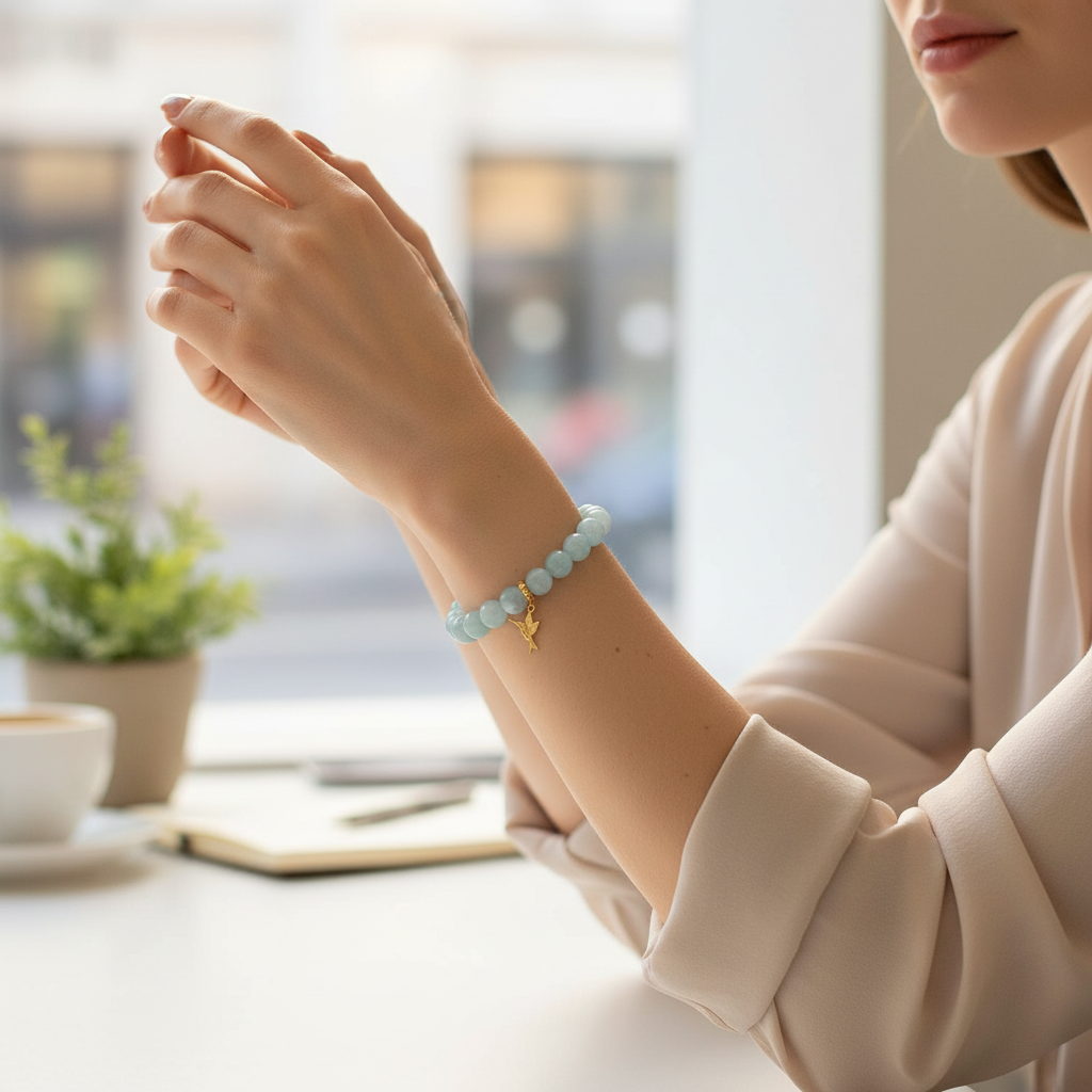 Aquamarine Manifestation Bracelet with Gold Hummingbird Charm