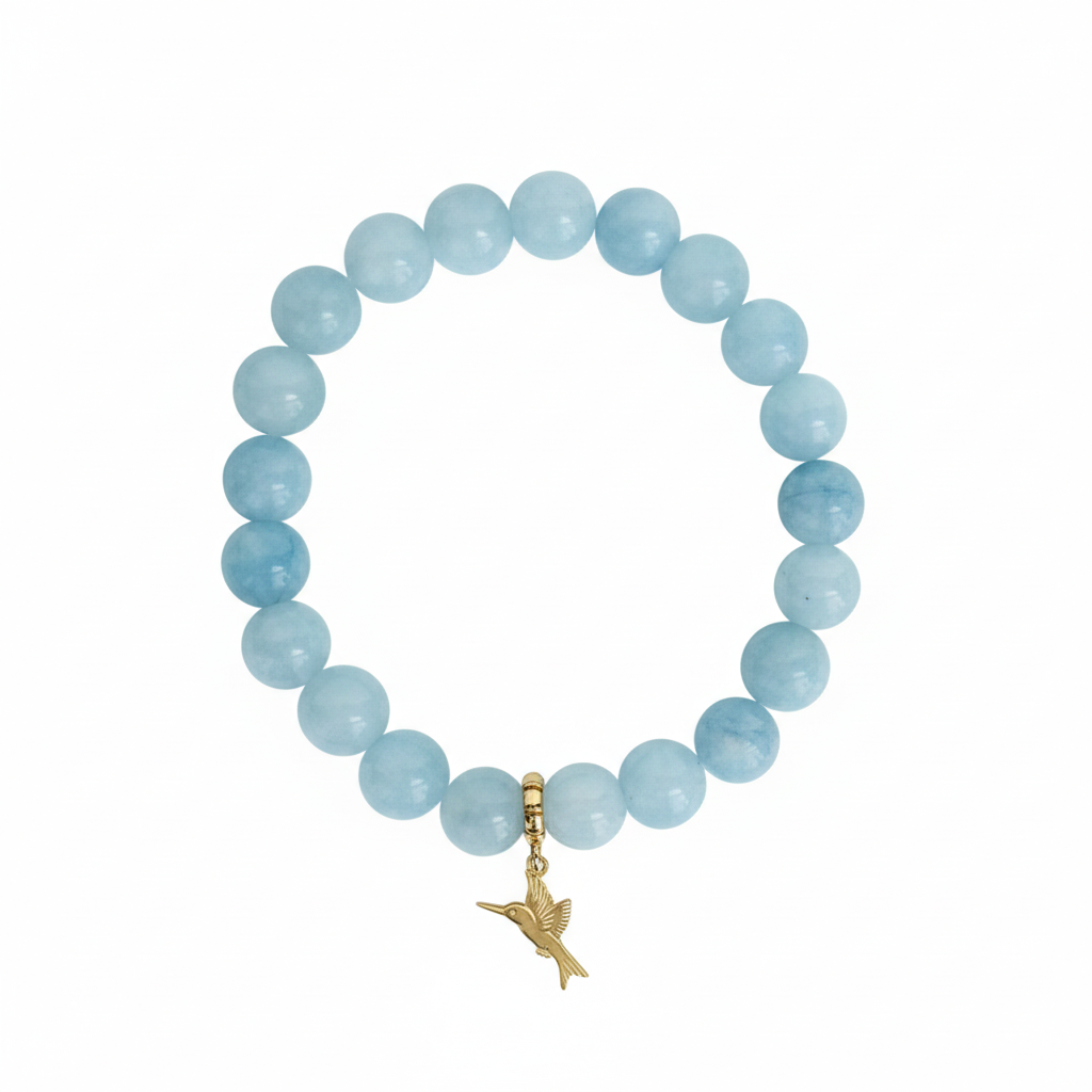 Aquamarine Manifestation Bracelet with Gold Hummingbird Charm