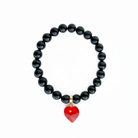 Onyx Bracelet with Red Heart Swarovski Charm