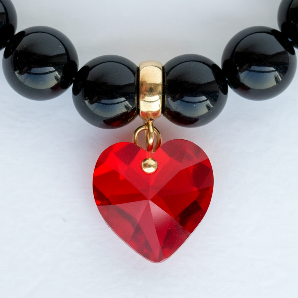 Onyx Bracelet with Red Heart Swarovski Charm