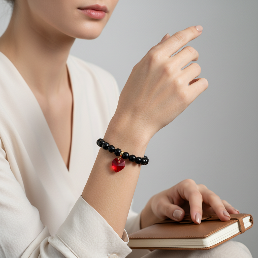 Onyx Bracelet with Red Heart Swarovski Charm