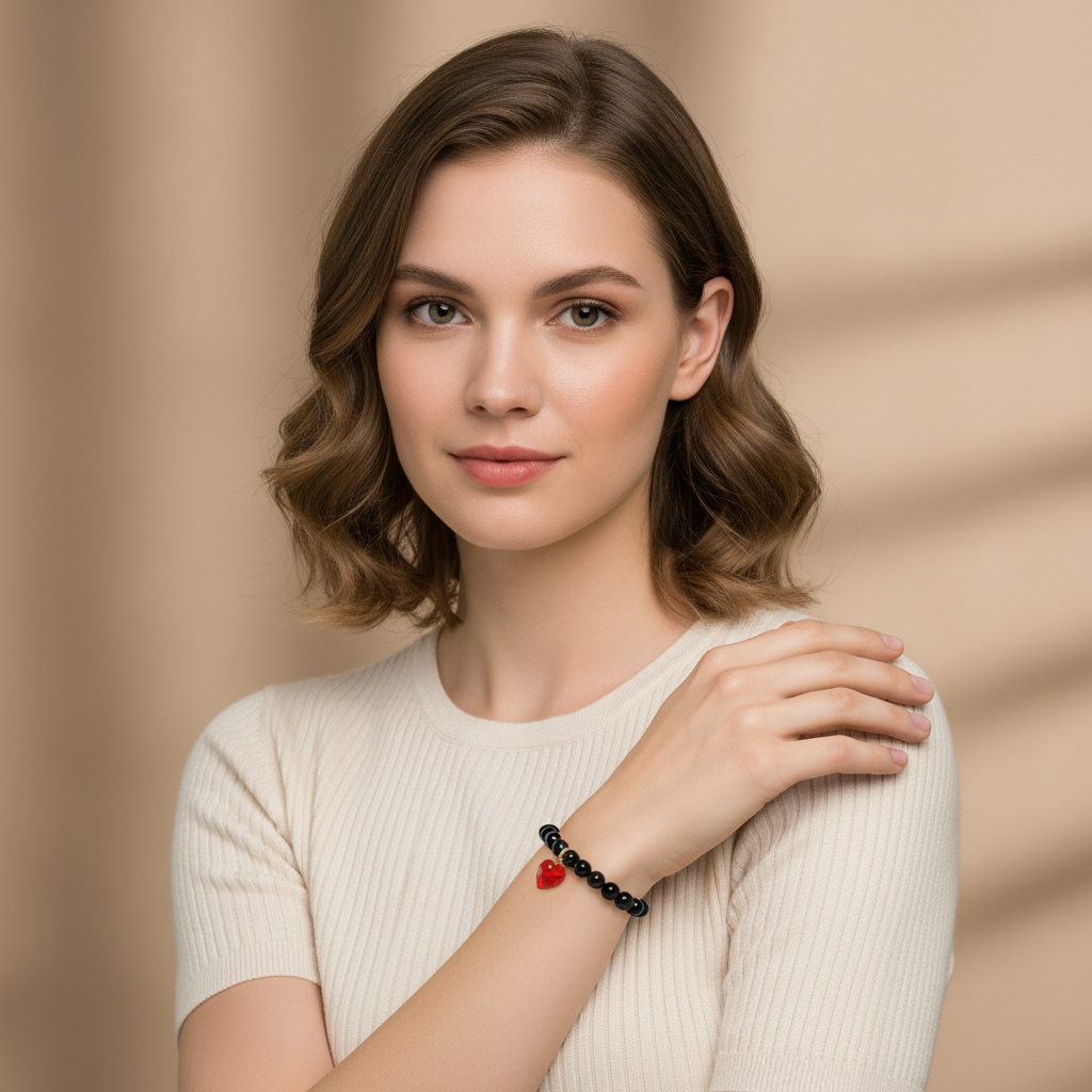 Onyx Bracelet with Red Heart Swarovski Charm