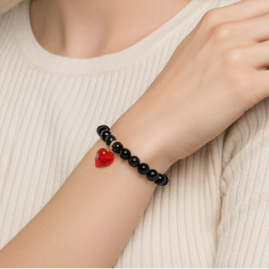 Onyx Bracelet with Red Heart Swarovski Charm