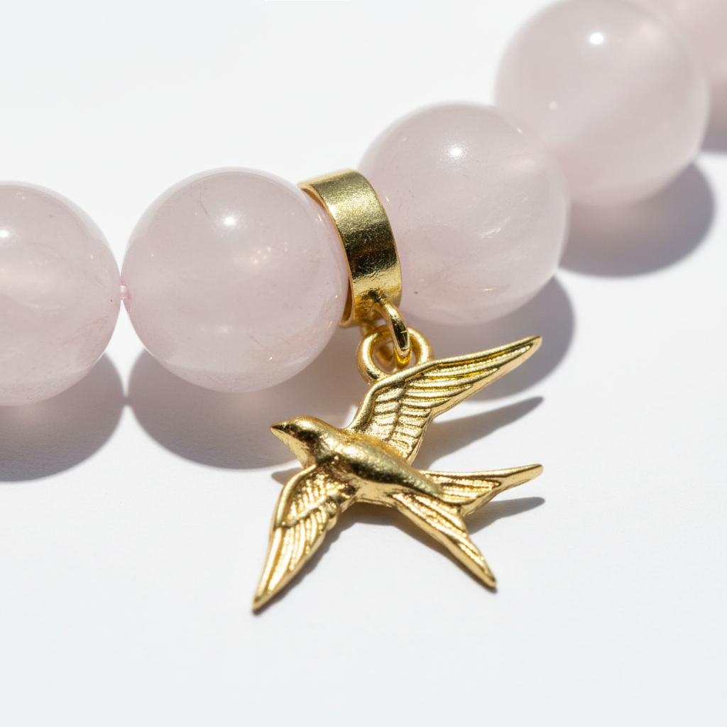 Rose Quartz Bracelet with Swallow Charm