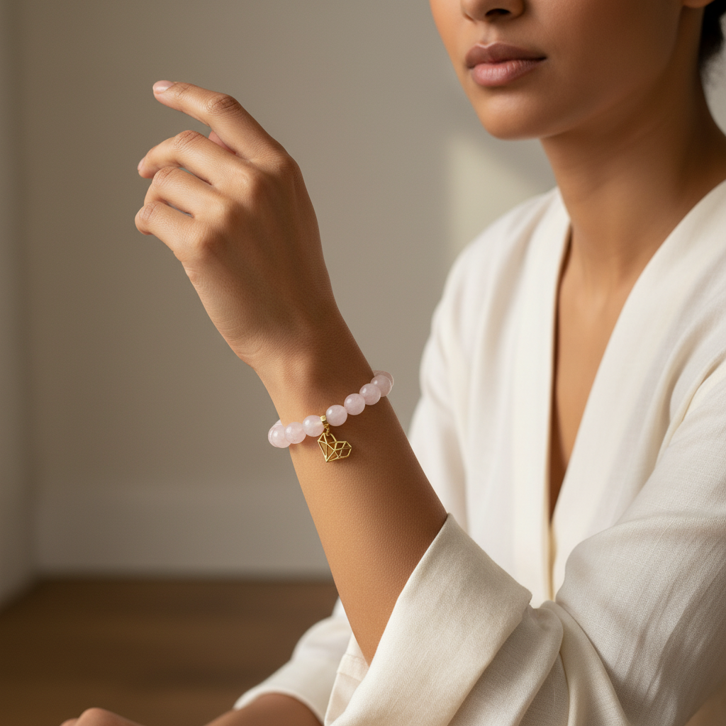 Rose Quartz Bracelet with Geometric Heart Charm