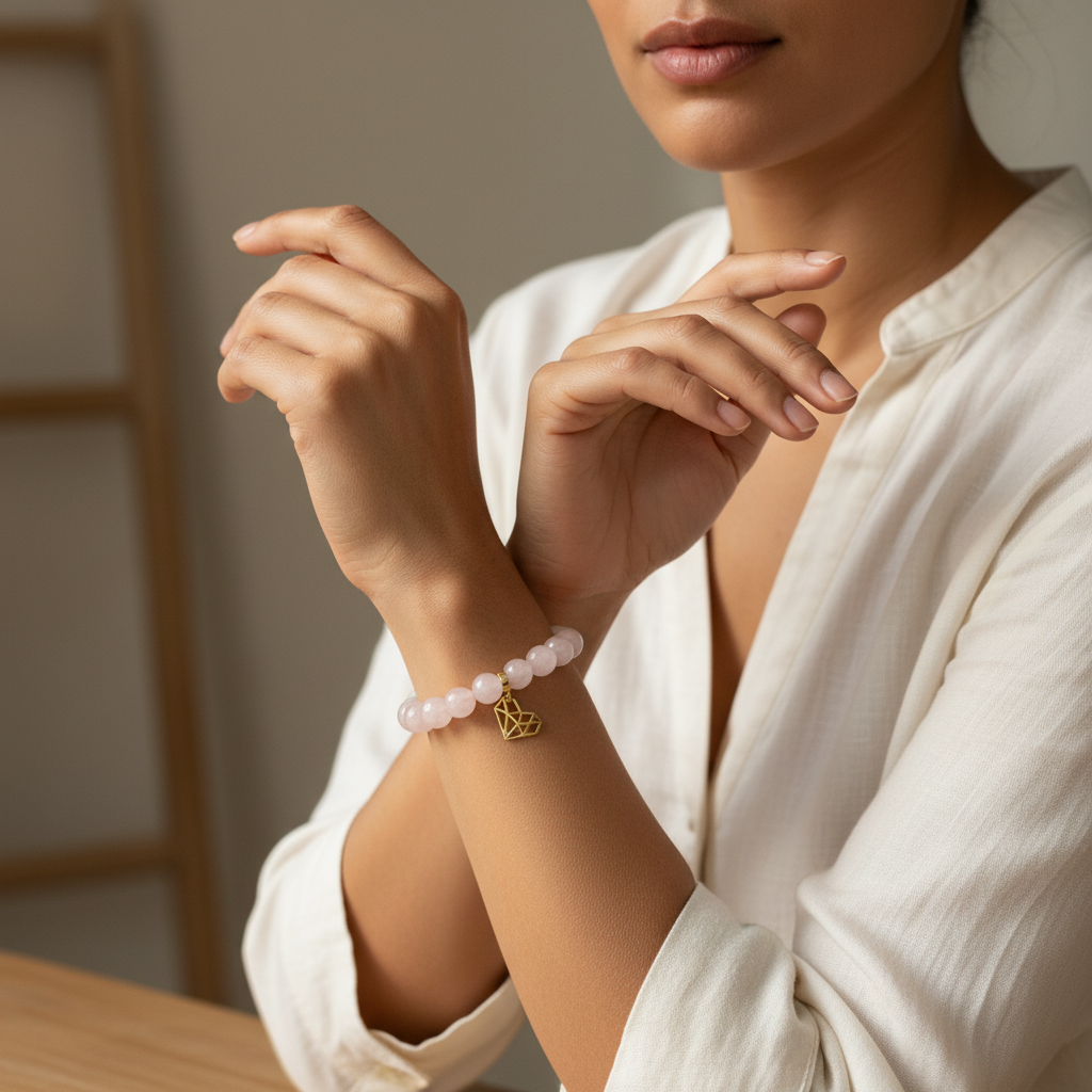 Rose Quartz Bracelet with Geometric Heart Charm