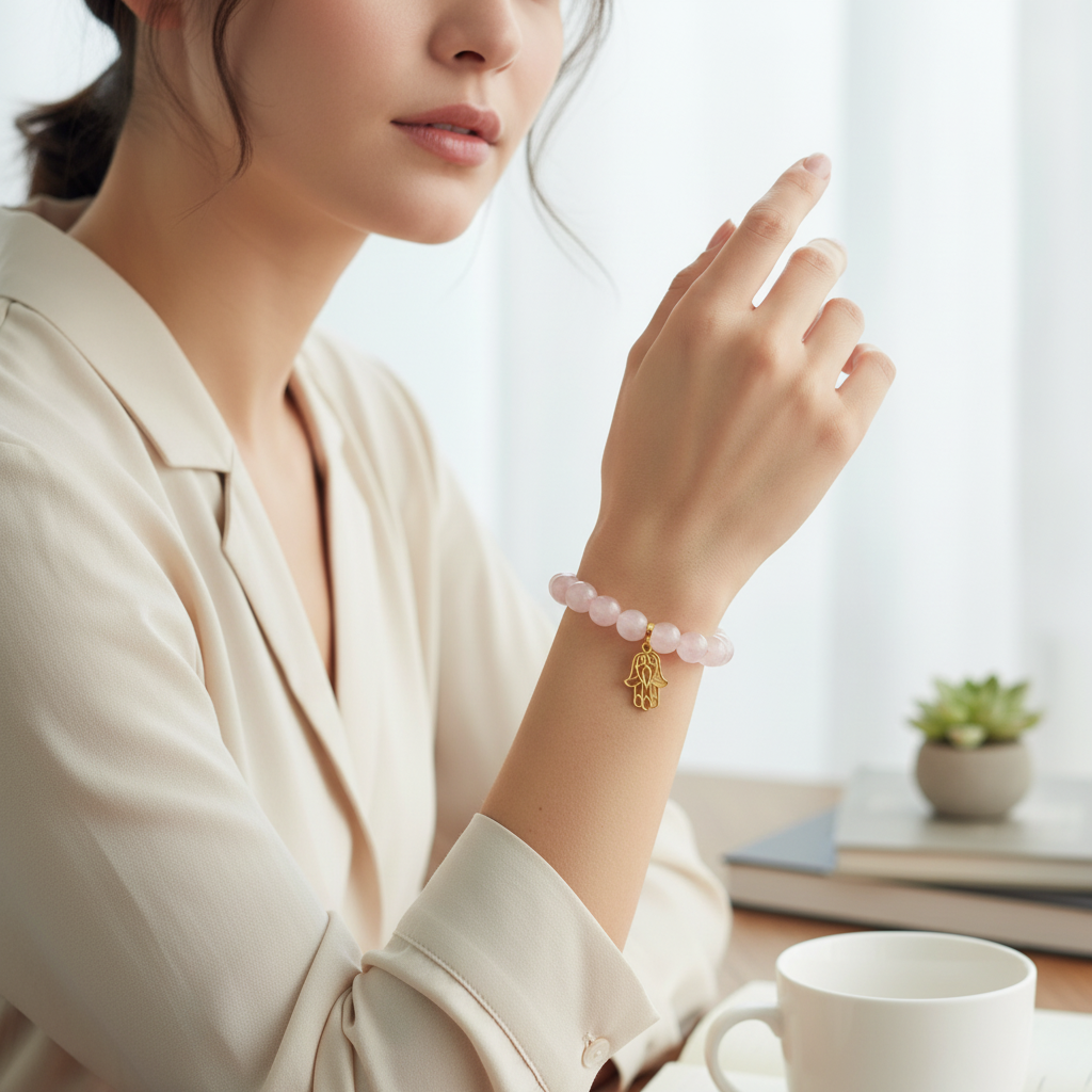 Rose Quartz Bracelet with Hamsa Charm