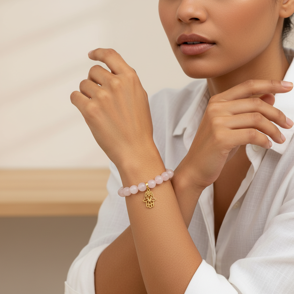 Rose Quartz Bracelet with Hamsa Charm