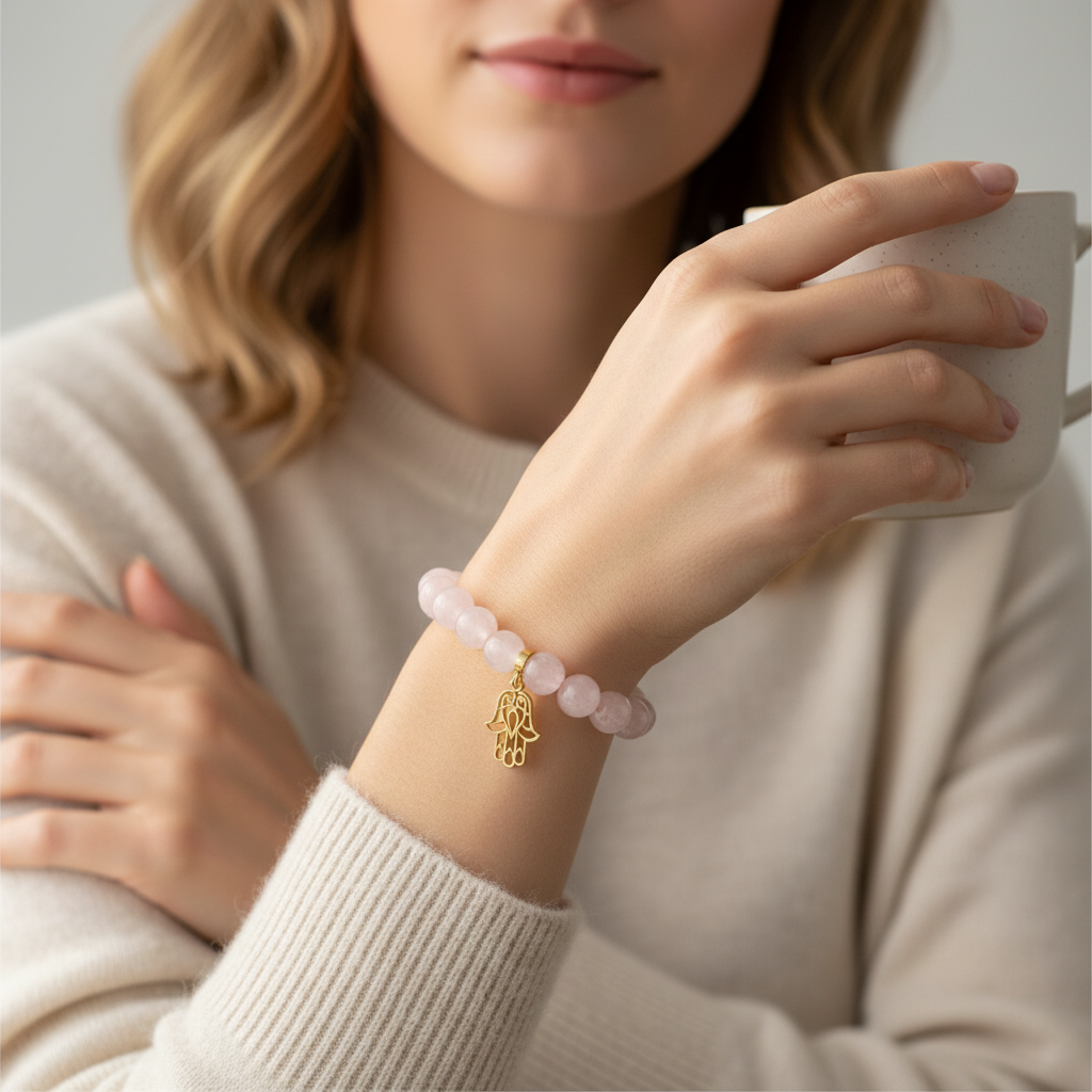Rose Quartz Bracelet with Hamsa Charm
