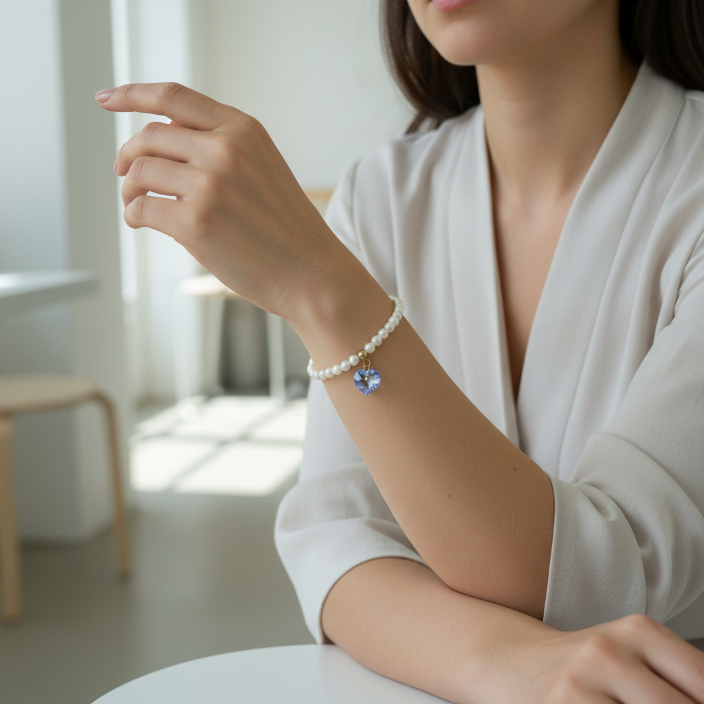 Pearl Bracelet with Blue Swarovski Heart