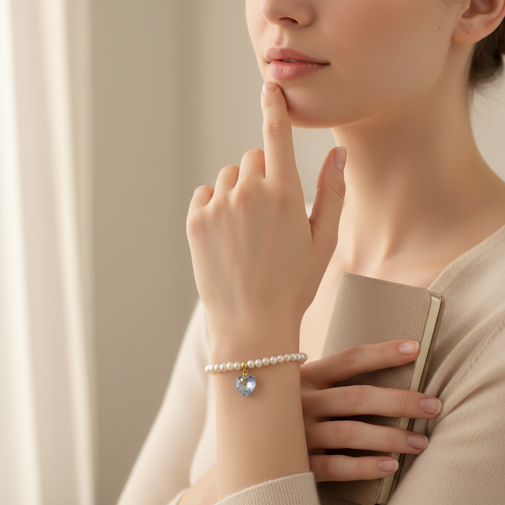 Pearl Bracelet with Blue Swarovski Heart