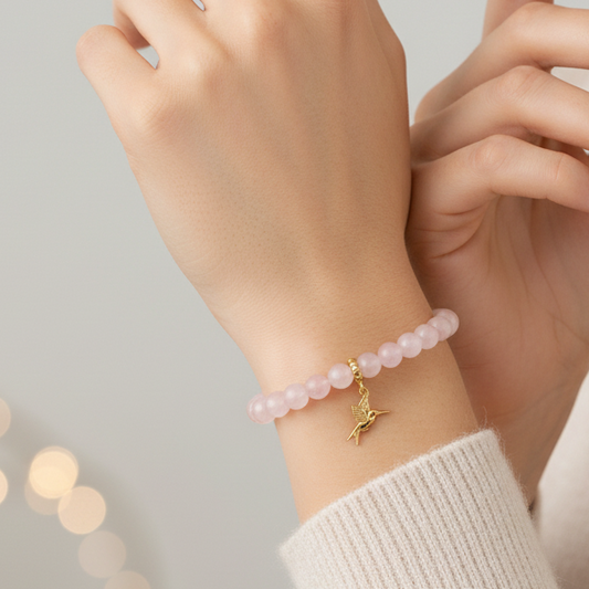 Rose Quartz Bracelet with Hummingbird Charm