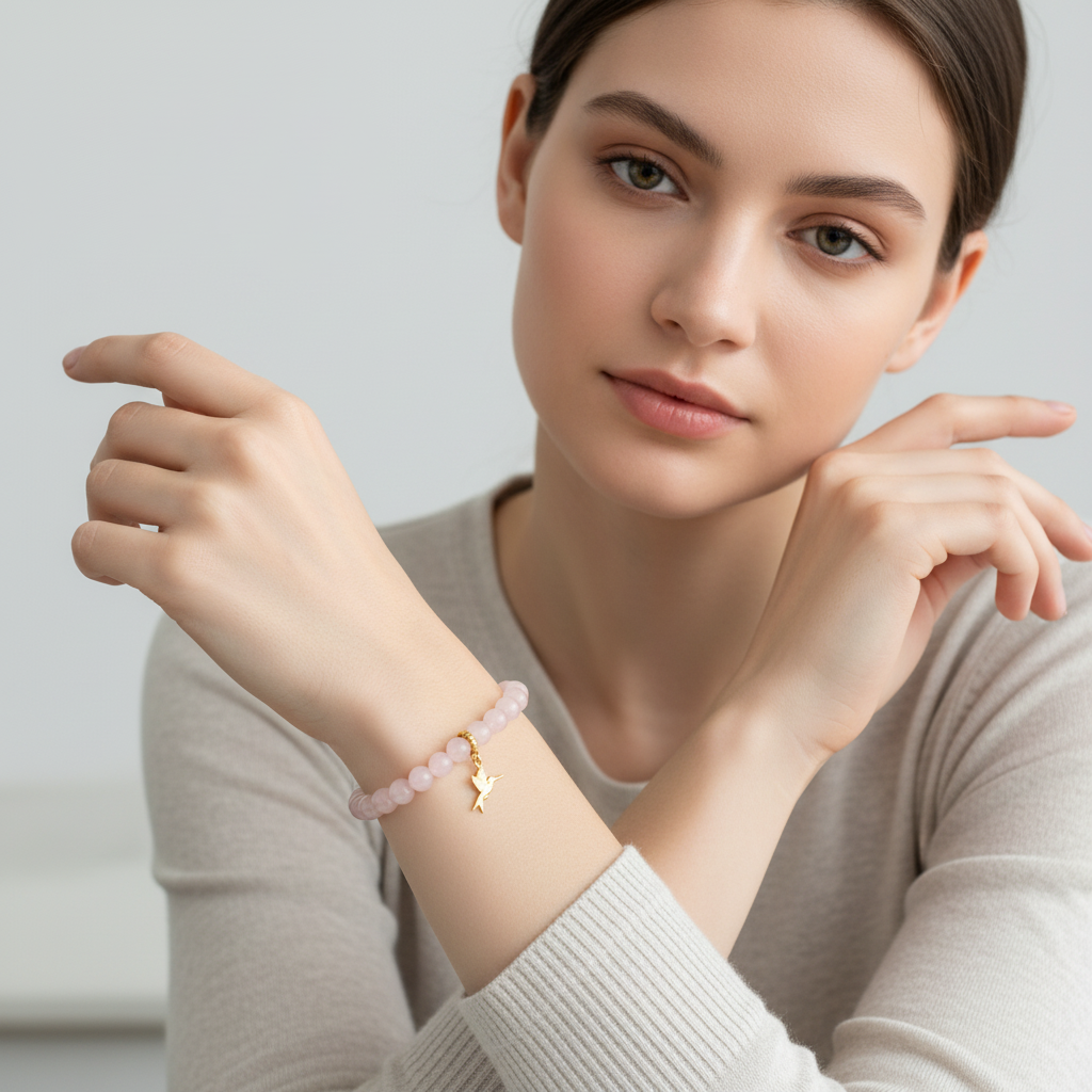Rose Quartz Bracelet with Hummingbird Charm