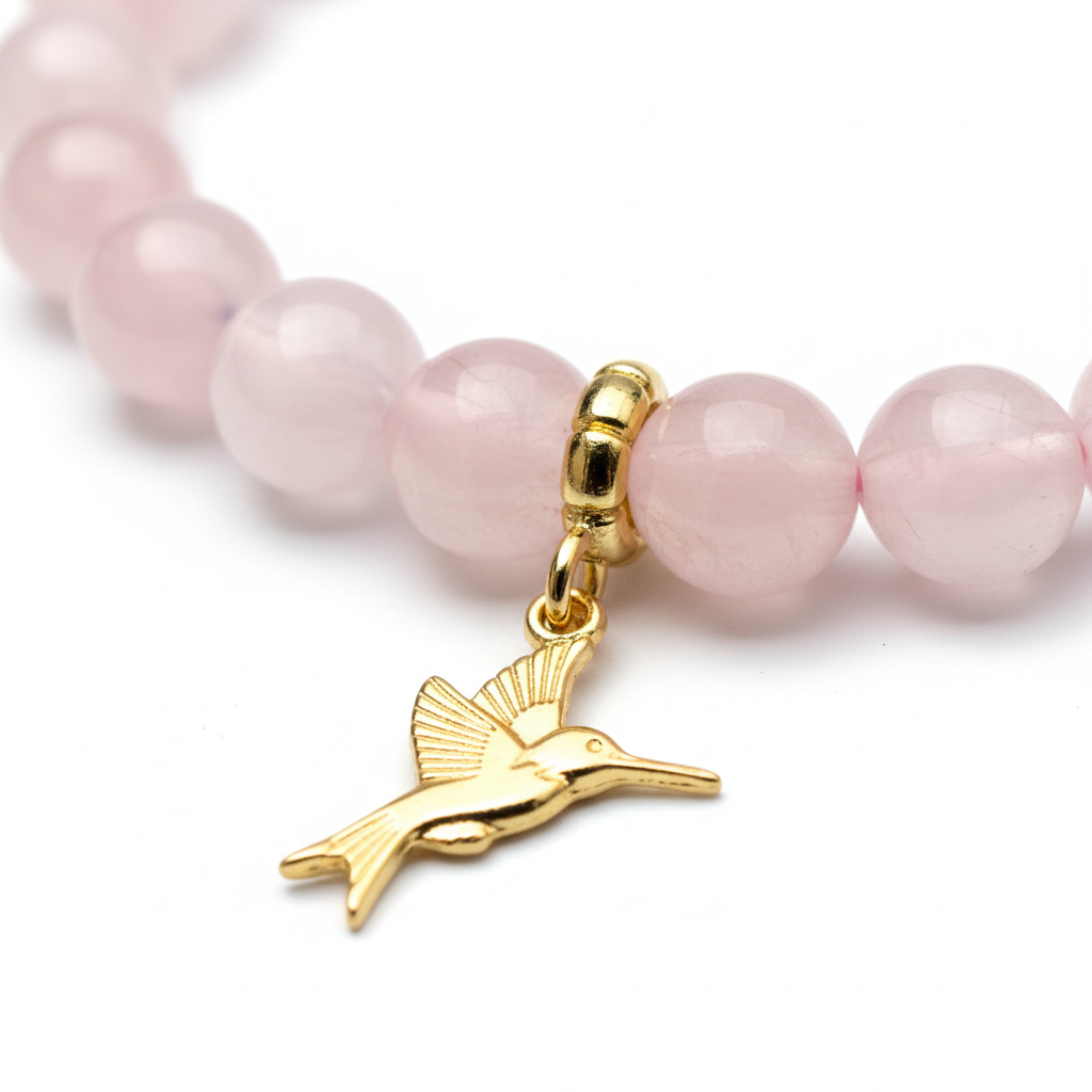 Rose Quartz Bracelet with Hummingbird Charm