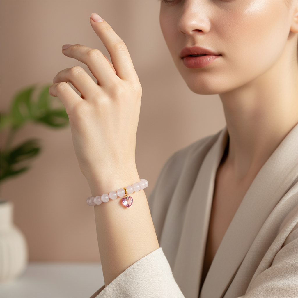 Rose Quartz 8mm Bracelet with Swarovski Heart