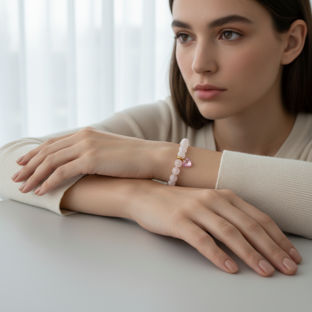 Rose Quartz 8mm Bracelet with Swarovski Heart
