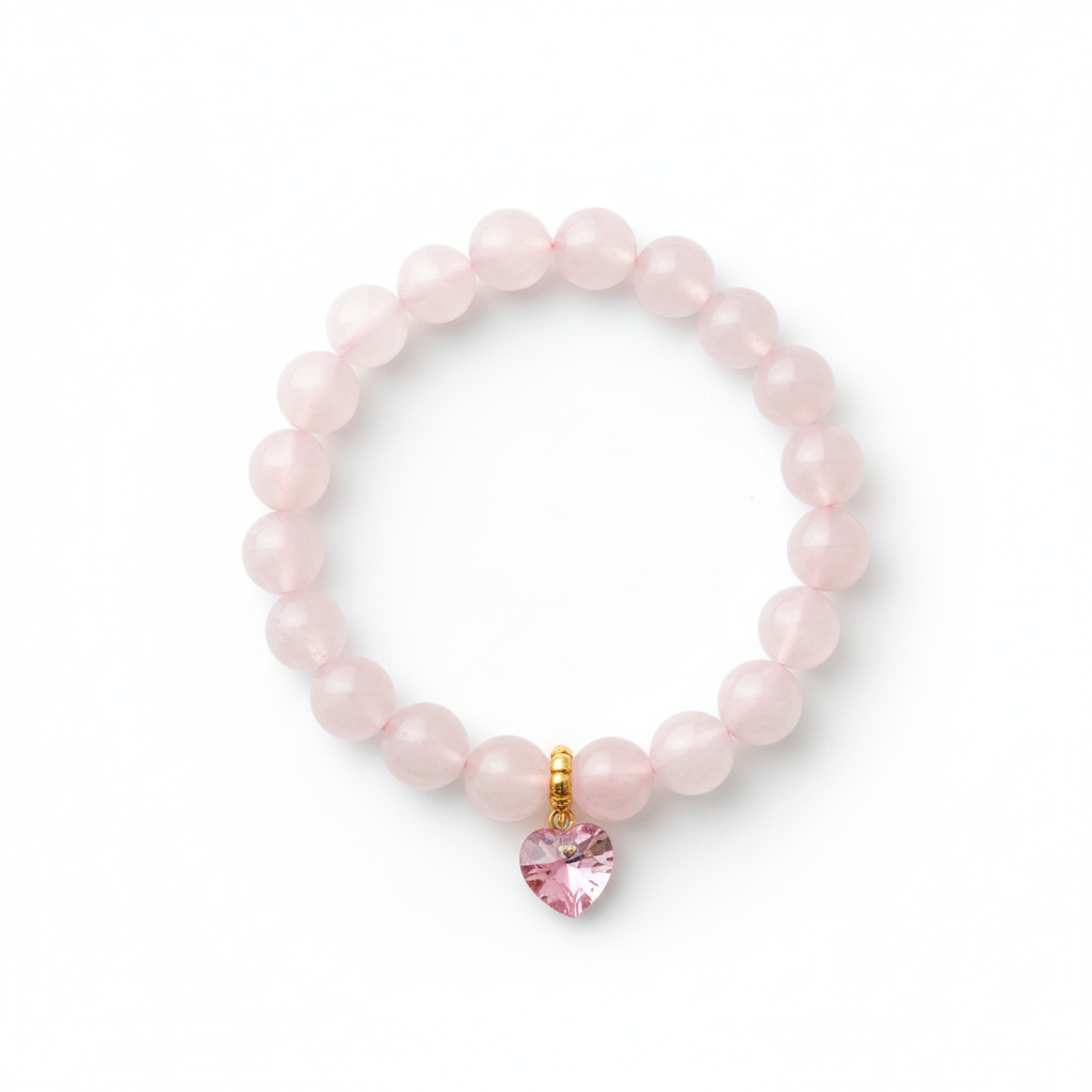 Rose Quartz 8mm Bracelet with Swarovski Heart