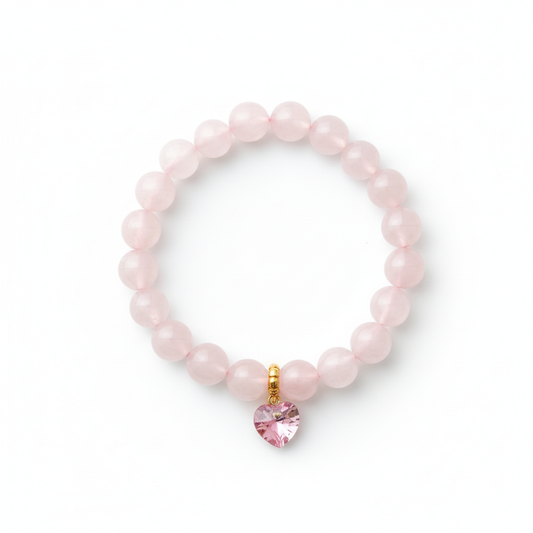 Rose Quartz 8mm Bracelet with Swarovski Heart