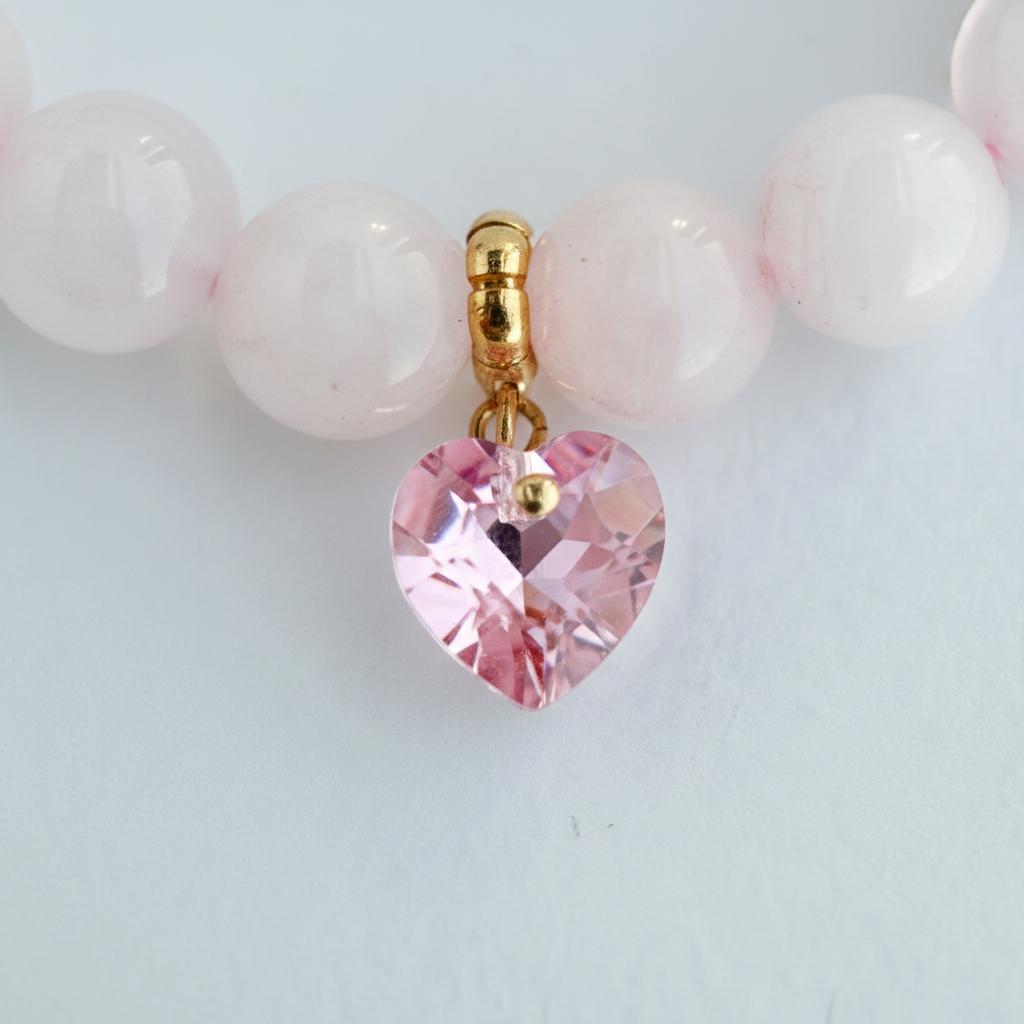 Rose Quartz 8mm Bracelet with Swarovski Heart