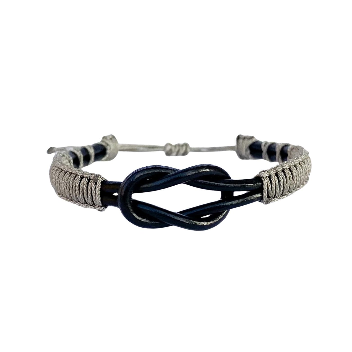 Eternal Knot Black Leather Bracelet – Gray Thread