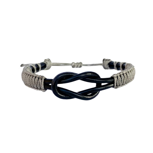 Eternal Knot Black Leather Bracelet – Gray Thread