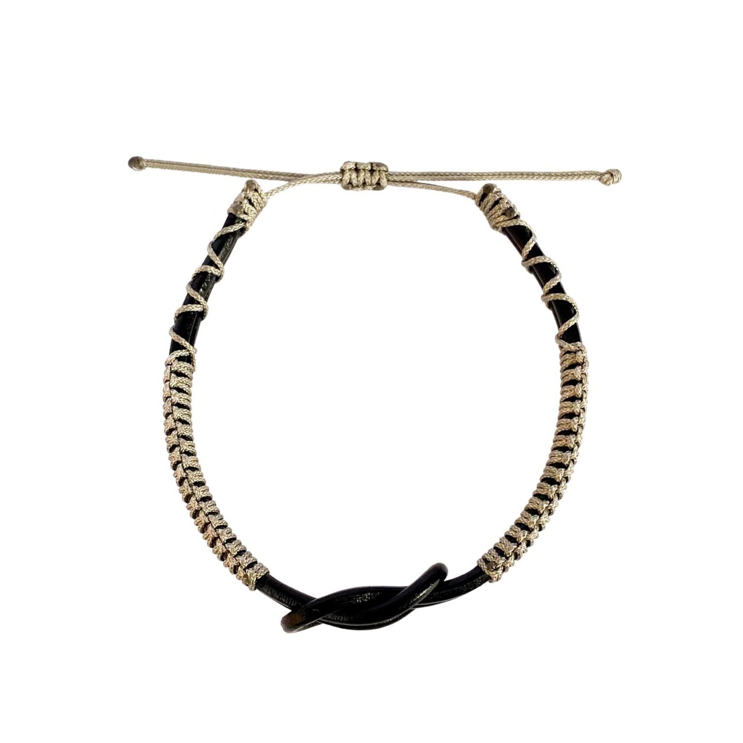Eternal Knot Black Leather Bracelet – Gray Thread