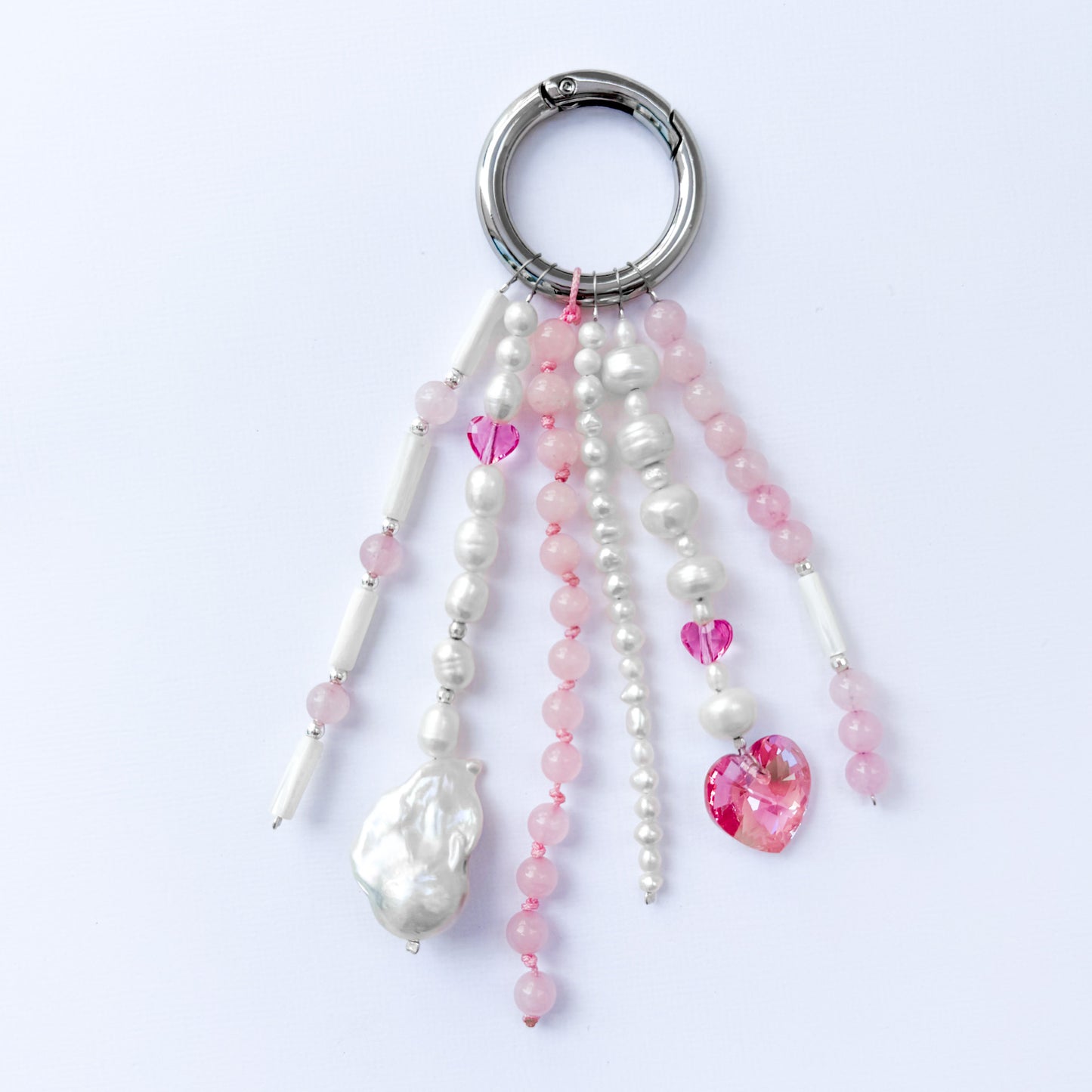 Rose Quartz & Pearl Bag Charm – Baroque Pearl & Swarovski Hearts