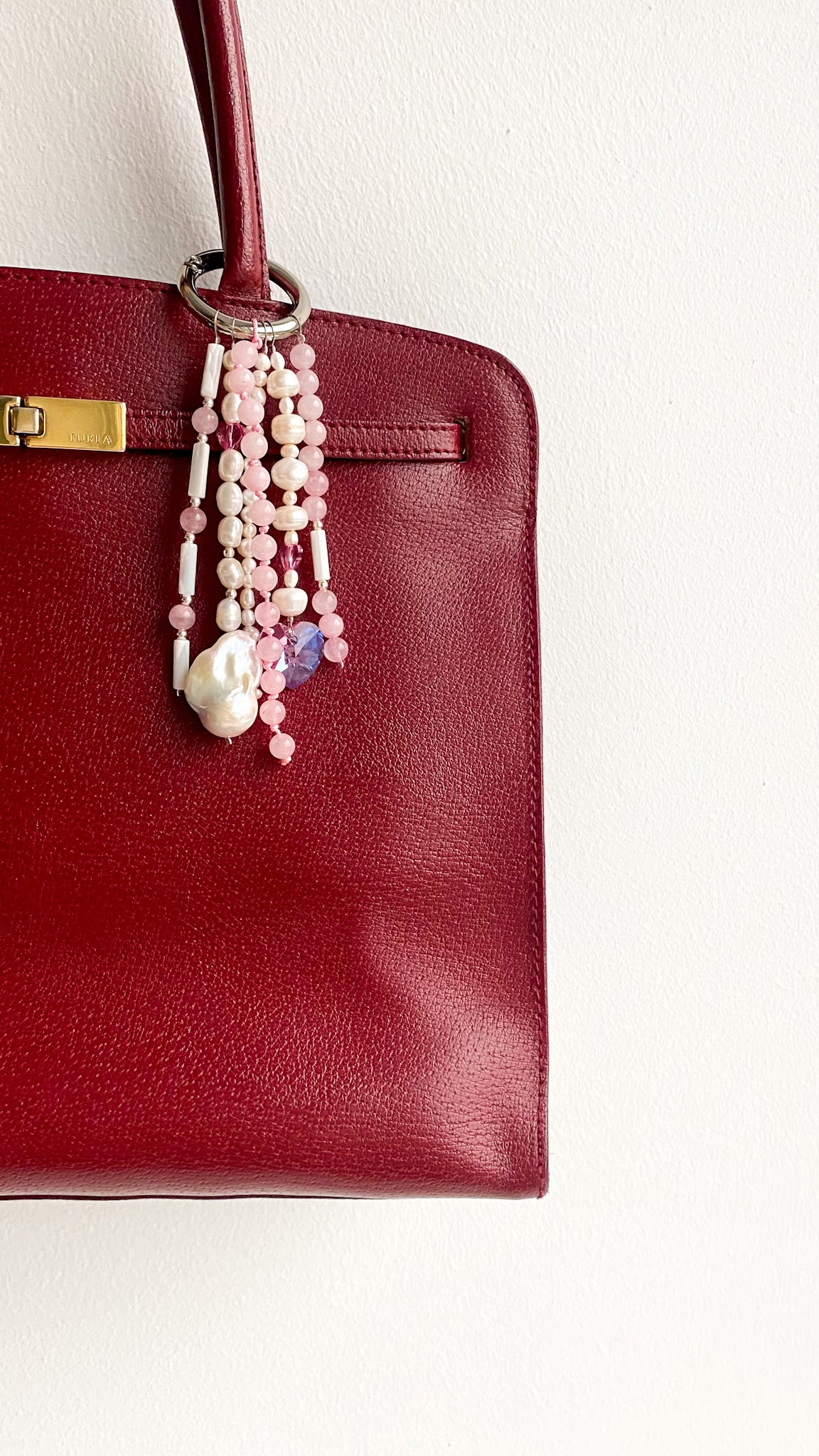 Rose Quartz & Pearl Bag Charm – Baroque Pearl & Swarovski Hearts