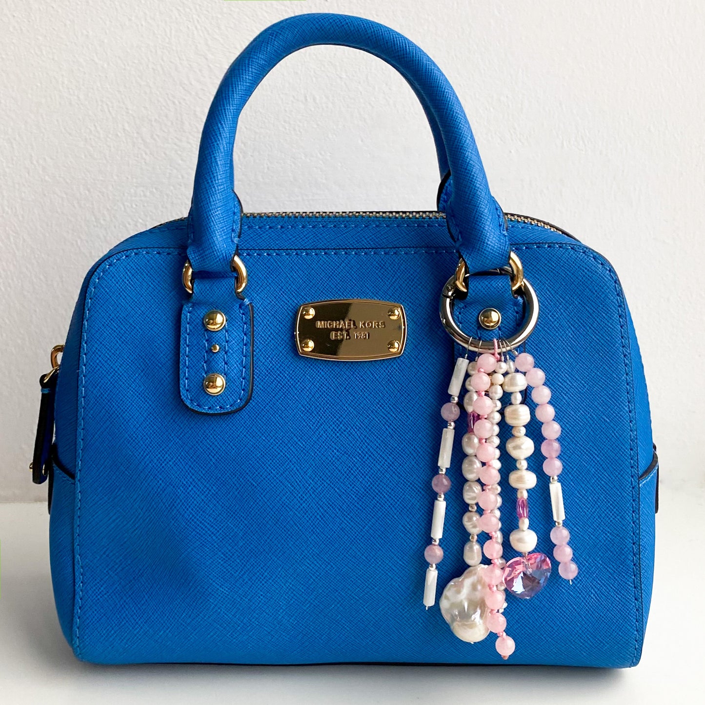 Rose Quartz & Pearl Bag Charm – Baroque Pearl & Swarovski Hearts