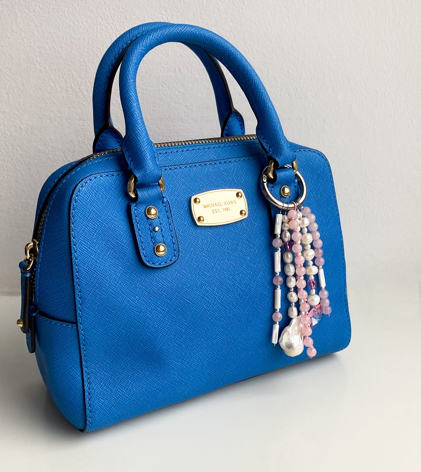 Rose Quartz & Pearl Bag Charm – Baroque Pearl & Swarovski Hearts