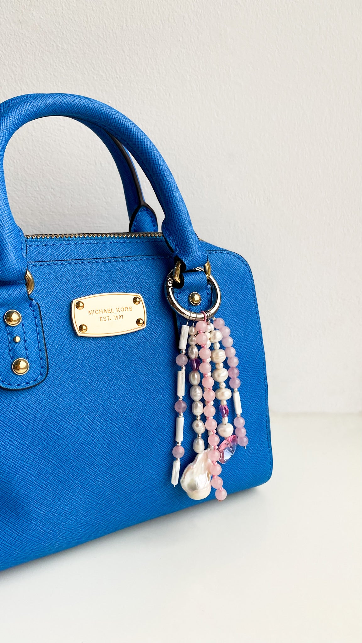 Rose Quartz & Pearl Bag Charm – Baroque Pearl & Swarovski Hearts