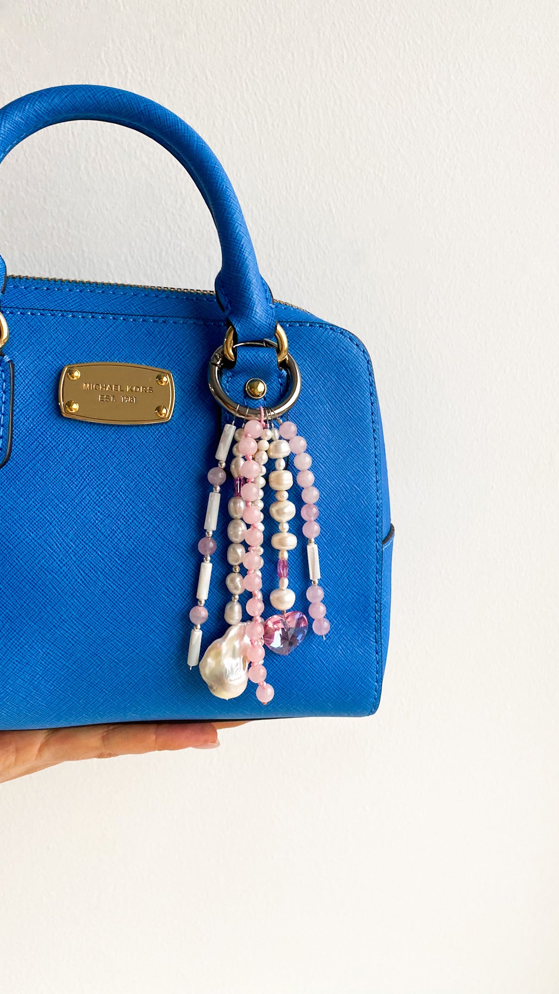 Rose Quartz & Pearl Bag Charm – Baroque Pearl & Swarovski Hearts