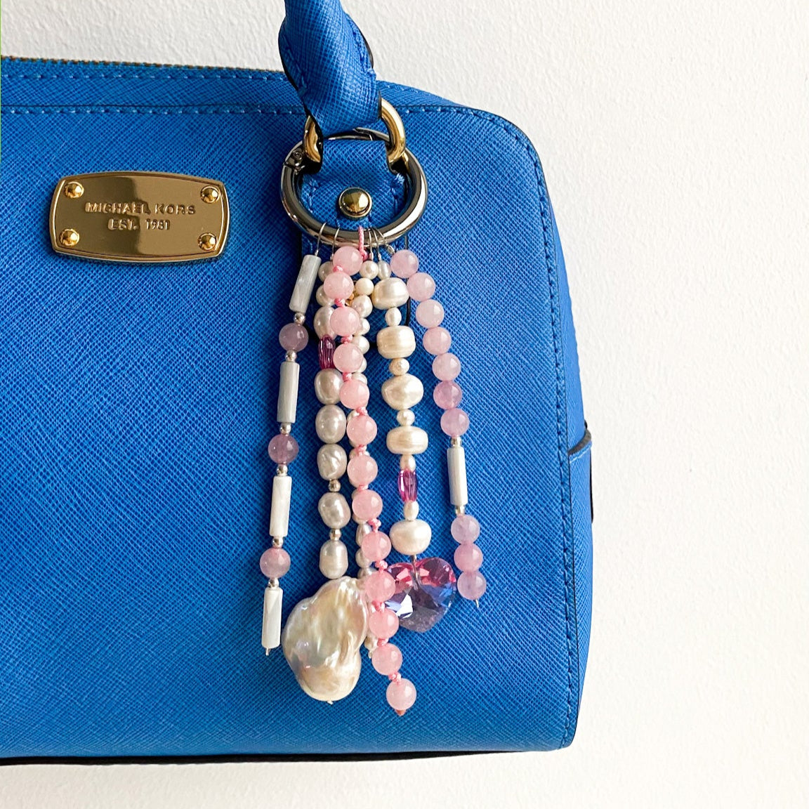 Rose Quartz & Pearl Bag Charm – Baroque Pearl & Swarovski Hearts