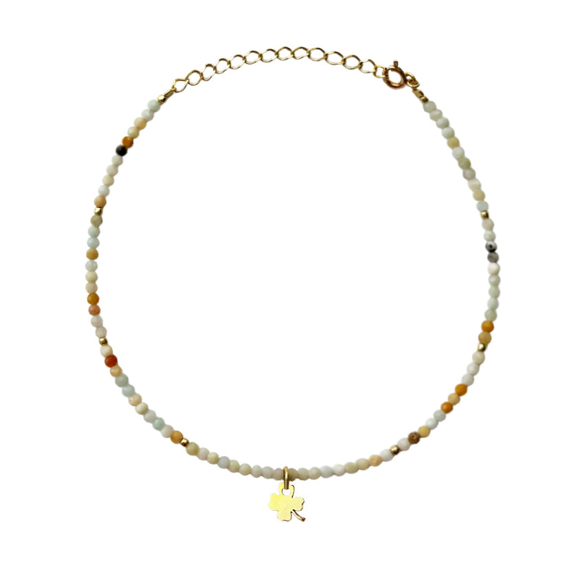 Amazonite Anklet with Gold-Plated Silver and Four-Leaf Clover