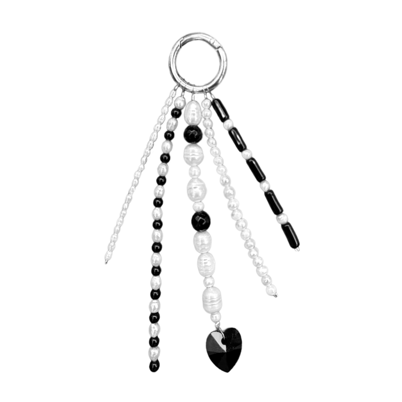 Onyx & Pearl Bag Charm – Black Swarovski Heart