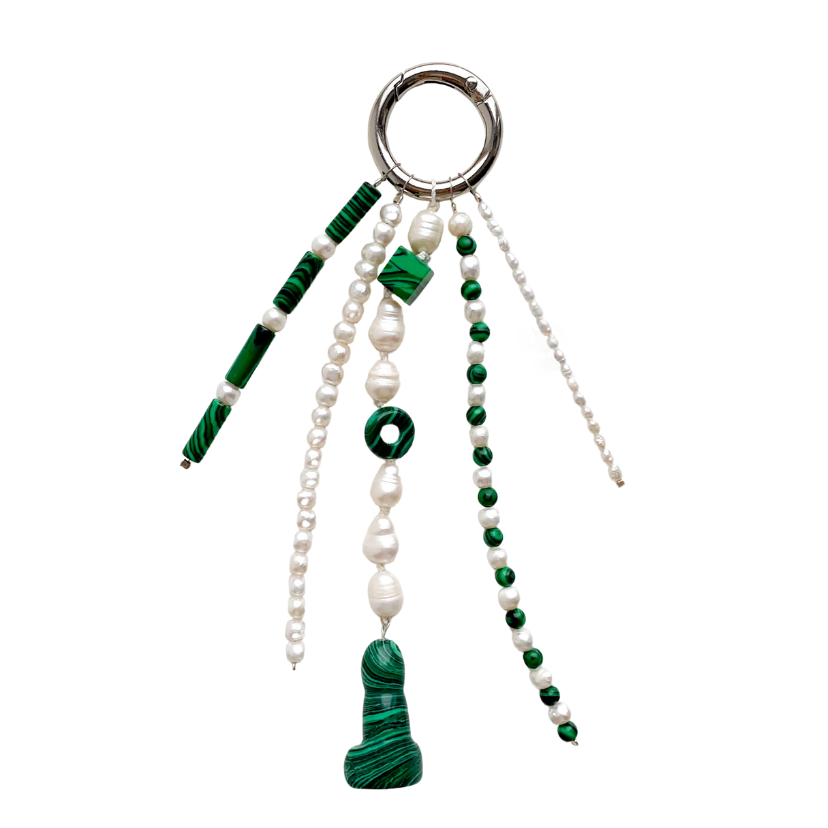 Malachite & Pearl Bag Charm – Bold Energy with Silver Details