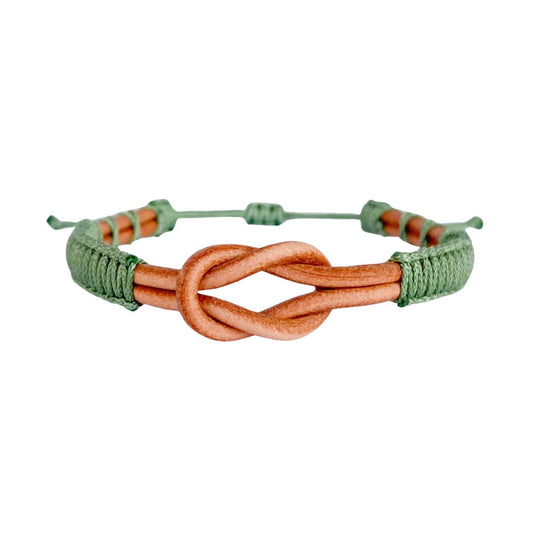 Eternal Knot Brown Leather Bracelet – Green Thread