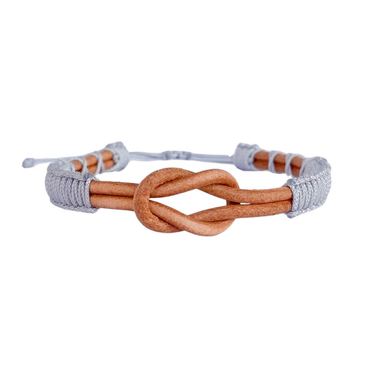 Eternal Knot Brown Leather Bracelet – Light Blue Thread