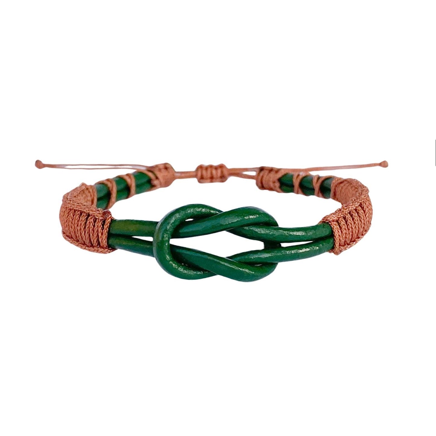 Eternal Knot Green Leather Bracelet – Brown Thread